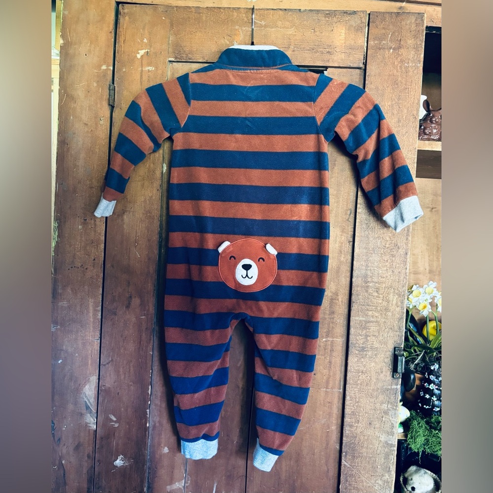 Striped Bear Butt Kids Warm One Piece Fleece Carter’s Pajama Romper Sz 24 mo